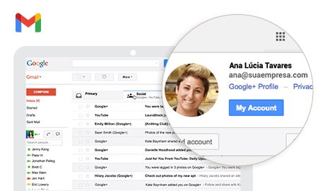 Ilustração de uma tela exibindo a caixa principal de mensagens de uma conta do Gmail. Na imagem, o nome de uma pessoa e o endereço de e-mail personalizado estão em destaque.