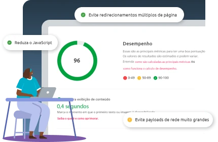 Ilustração de uma página de avaliação de desempenho, avaliando um site em WordPress, mostrando uma pontuação de 96 em um círculo verde, com dicas ao redor, como "Evite redirecionamentos múltiplos de página", "Reduza o JavaScript", e "Evite payloads de rede muito grandes"'. No canto inferior esquerdo, uma pessoa usando um notebook está trabalhando, destacando a importância da otimização da performance web.