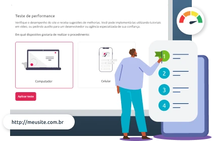 Ilustração de uma página de teste de performance web, mostrando opções para escolher entre "Computador" e "Celular" para realizar o teste em um site WordPress. Uma pessoa ao lado da tela aponta para uma lista numerada com quatro itens, indicando etapas a serem seguidas. No canto inferior esquerdo, há um campo de URL com o endereço "http://meusite.com.br".