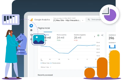 Ilustração de uma página do Google Analytics contendo informações sobre um site na Hospedagem WordPress. Na página, aparecem os indicativos de que há 24 mil novos usuários e 28 mil sessões engajadas. Sobre a página, estão algumas ilustrações, como a de um gráfico de pizza e um gráfico de barras. Na esquerda, está uma mulher em pé segurando uma peça de cavalo do xadrez. Na direita, está o logotipo do Google Analytics.