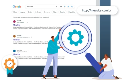 Ilustração uma página de busca do Google, mostrando os resultados da busca de um site. Na frente, estão duas pessoas segurando uma lupa grande. Na esquerda está um homem em pé, segurando a parte circular da lupa, e na direita está uma mulher agachada, segurando a base da lupa. No canto inferior direito há um selo de cor amarela com um símbolo de verificação no meio, e uma fita verde embaixo.